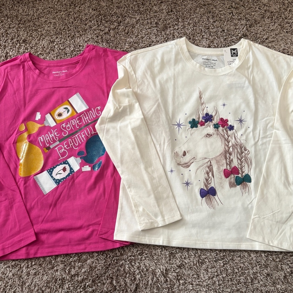Kids Long Sleeve Unicorn and Graphic Tees - Pink and White